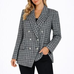 Elie Tahari Double Breasted Tweed Novelty Blazer Jacket Black White Size L